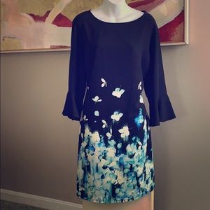 Crepe Floral Print 3/4 sleeve Navy Shift Dress